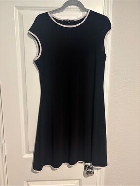 Black Mini Dress with White Trim - Sleek Sleeveless A-Line